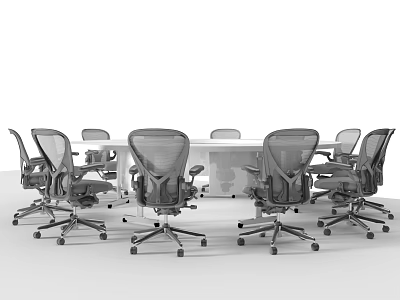Modern Office Conference Table With Ergonomic Mesh Back Chairs For Meeting Room 3d model