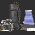 Industrial Equipment Setup With Large Cylindrical Tank Conveyor Belt And Mechanical Components