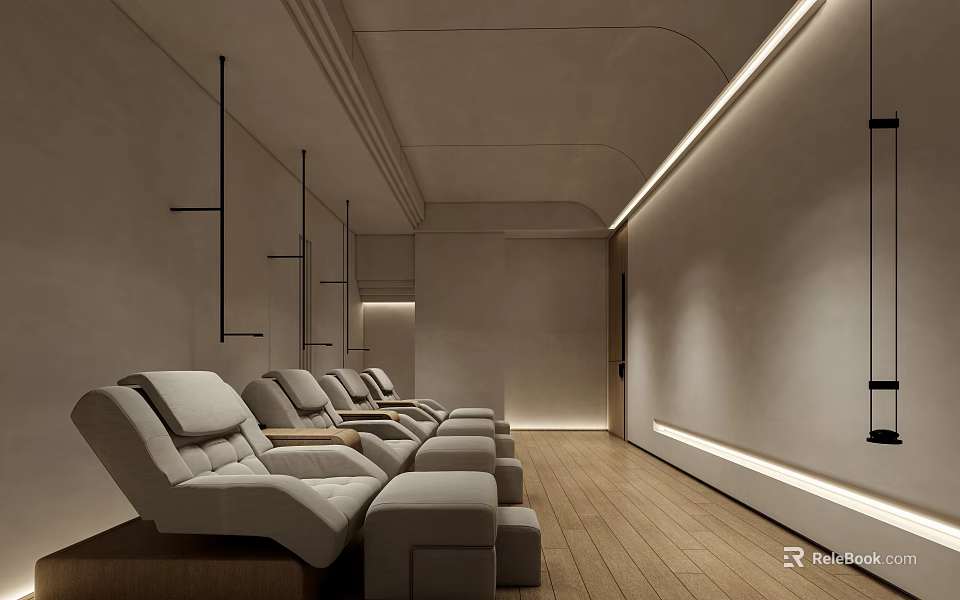 Modern SPA Sauna Interior With Comfortable Lounge Chairs And Warm Wooden Flooring 3d model 