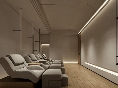 Modern SPA Sauna Interior With Comfortable Lounge Chairs And Warm Wooden Flooring 3d model