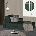Modern Green Velvet Chaise Lounge With Plush Pillows Throw Blanket Wooden Wall And Circular Art