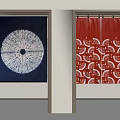 Dark Blue And Red Door Curtains With White Circular And Fan Shaped Patterns
