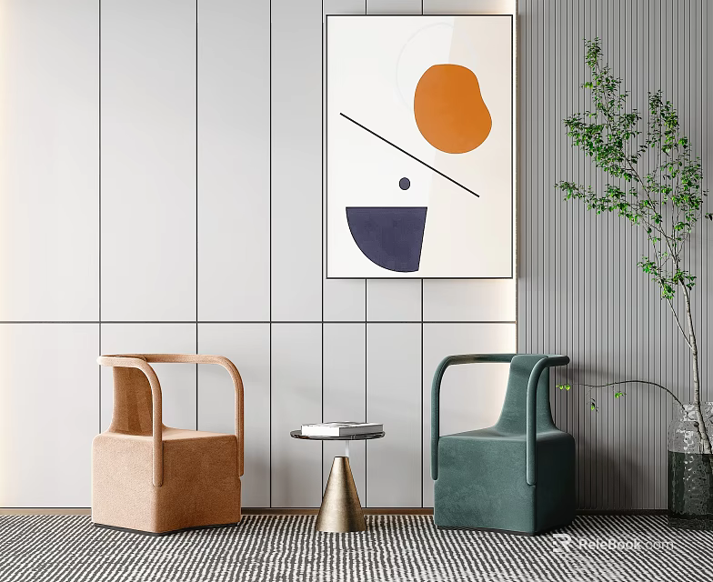 Leisure Sofa Set With Beige Teal Armchairs Side Table Abstract Wall Art And Potted Plant 3d model 