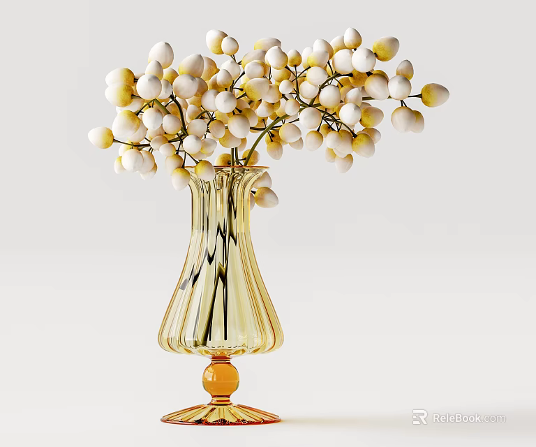 Curved Amber Glass Vase Holding White and Yellow Berry Flower Bouquet for Elegant Home Decor 3d model 