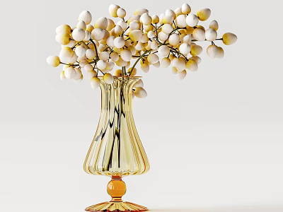 Curved Amber Glass Vase Holding White and Yellow Berry Flower Bouquet for Elegant Home Decor 3d model