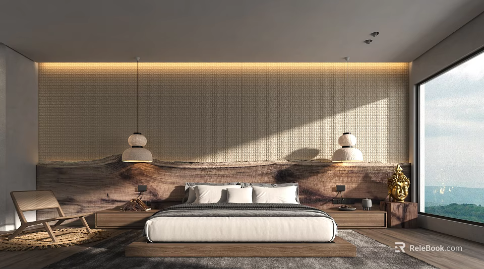 Modern Bedroom Interior Design With Textured Headboard Wall Pendant Lights Nightstands And Golden Decor 3d model 