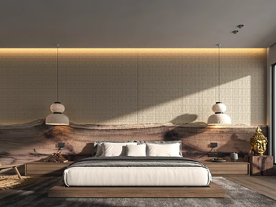 Modern Bedroom Interior Design With Textured Headboard Wall Pendant Lights Nightstands And Golden Decor 3d model