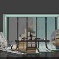 Traditional Chinese Interior With Screen Bonsai Tree Calligraphy Scroll And Wooden Table