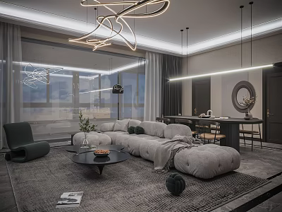 Modern Living Dining Room Design With Gray Sofa Round Coffee Table Dining Chairs And Pendant Lights 3d model