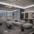 Modern Living Dining Room Design With Gray Sofa Round Coffee Table Dining Chairs And Pendant Lights