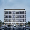 Modern High-Rise Residential Building With Central Water Pool And Landscaped Garden