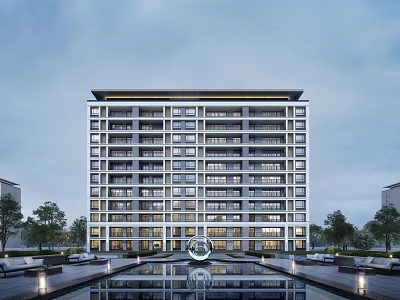 Modern High-Rise Residential Building With Central Water Pool And Landscaped Garden 3d model