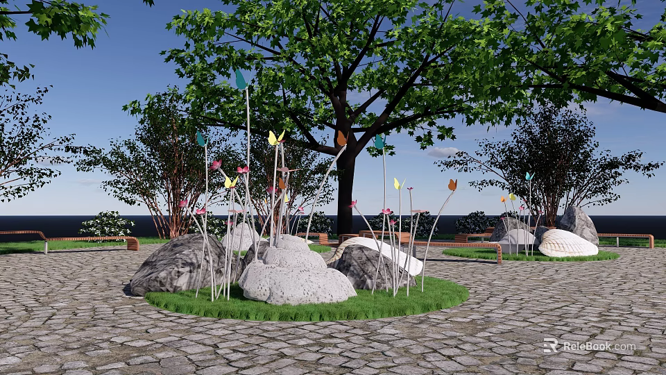 Scenic Park Landscape With Large Tree Colorful Ornaments Rocks Grass And Stone Paved Ground 3d model 