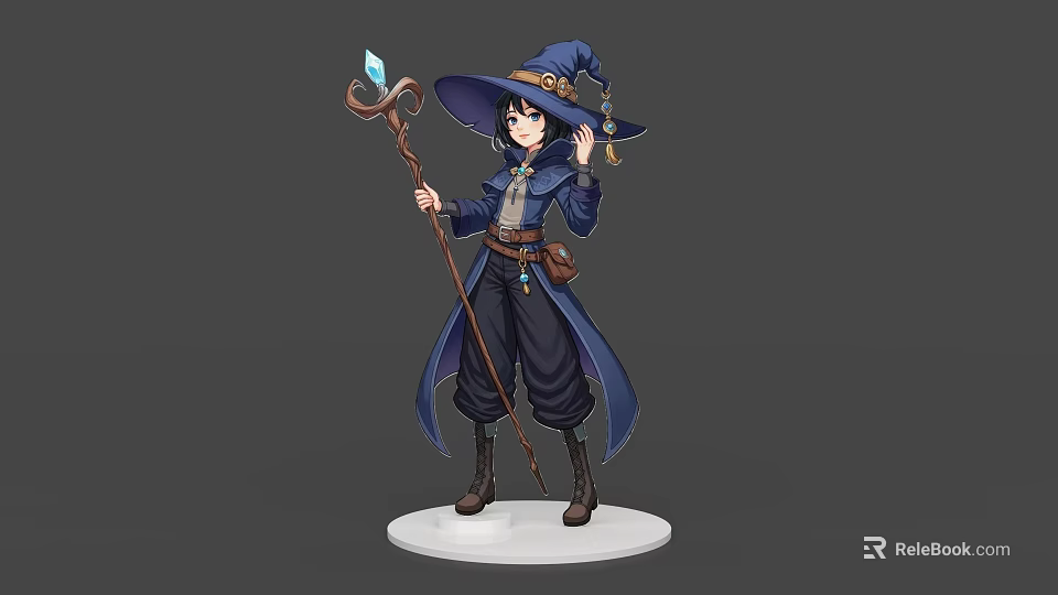 Game Fantasy Wizard Character With Blue Hat Robe Crystal Staff And Dark Pants 3d model 