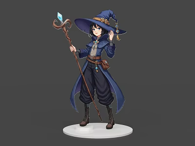 Game Fantasy Wizard Character With Blue Hat Robe Crystal Staff And Dark Pants 3d model