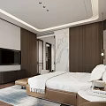 Hotel Room Interior With Wooden Decor Marble Wall And White Bed Sheets