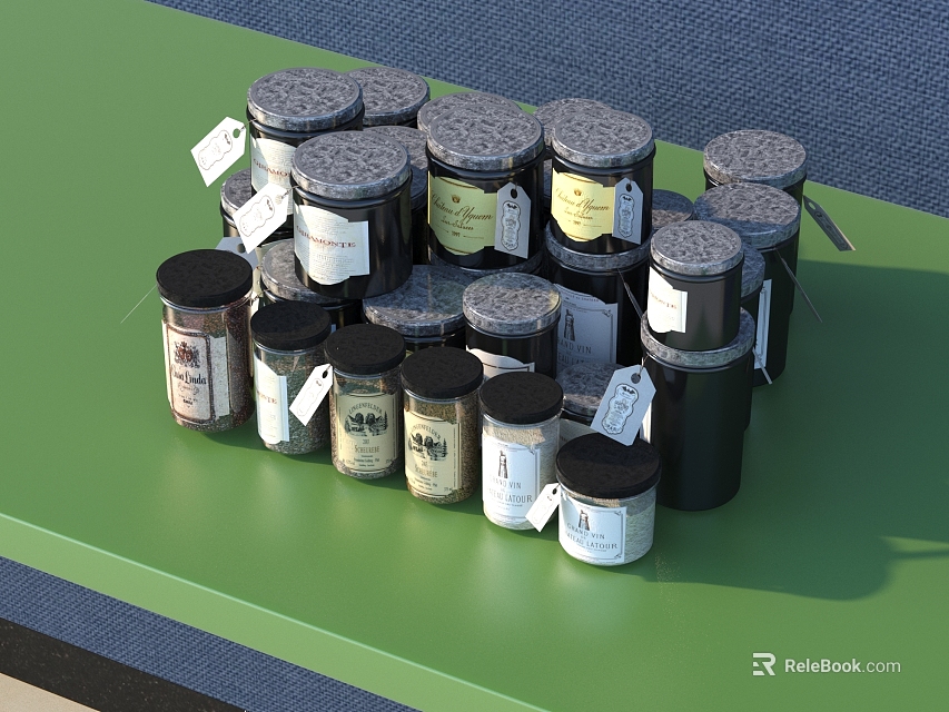Stacked Ceramic Jars With Labels On Green Table Display Setup 3d model 