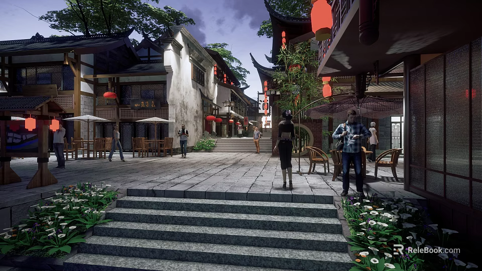 Traditional Commercial Street with Traditional Architecture Red Lanterns Stone Paved Path and Pedestrians 3d model 