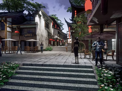 Traditional Commercial Street with Traditional Architecture Red Lanterns Stone Paved Path and Pedestrians 3d model