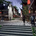 Traditional Commercial Street with Traditional Architecture Red Lanterns Stone Paved Path and Pedestrians