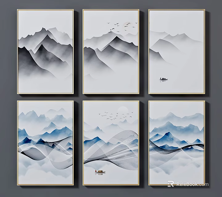 Chinese Landscape Wall Art With Black White Blue Tones Mountain Bird Boat Motifs 3d model 