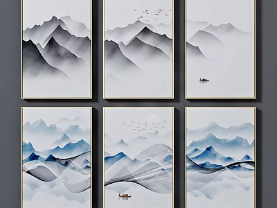 Chinese Landscape Wall Art With Black White Blue Tones Mountain Bird Boat Motifs 3d model