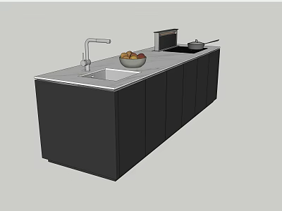 Sleek Modern Kitchen Island With Sink Faucet Fruit Bowl Microwave And Pan 3d model