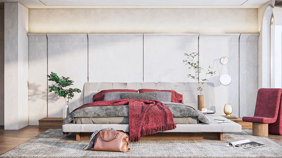 Modern Bedroom Interior With Gray Bed Red Blanket Pillows Green Plants And Soft Rug 3d model 