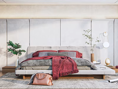 Modern Bedroom Interior With Gray Bed Red Blanket Pillows Green Plants And Soft Rug 3d model