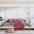 Modern Bedroom Interior With Gray Bed Red Blanket Pillows Green Plants And Soft Rug