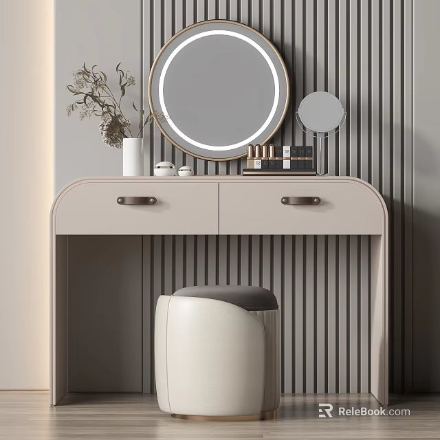 Modern Dressing Table with Round Mirror Drawers Vase and Vertical Striped Wall Stool 3d model 