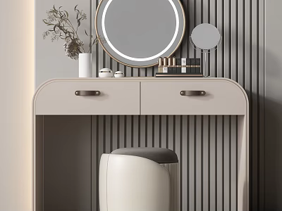 Modern Dressing Table with Round Mirror Drawers Vase and Vertical Striped Wall Stool 3d model