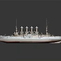 Old Warship Model With Three White Funnels Brown Green Hull Detailed Deck And Masts