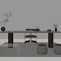Modern Tea Table and Chairs with Green Plant Tea Set Metal Legs and Gray Stools