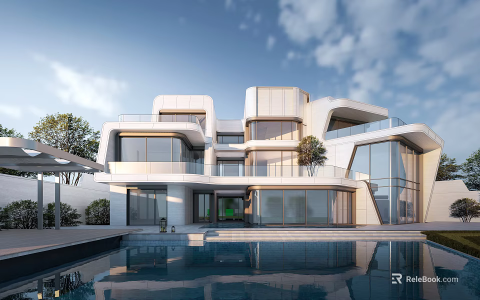 Modern Detached Villa Exterior Design With Large Glass Windows And Swimming Pool 3d model 