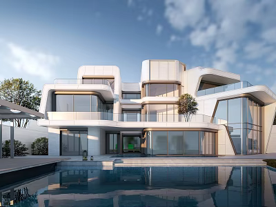 Modern Detached Villa Exterior Design With Large Glass Windows And Swimming Pool 3d model