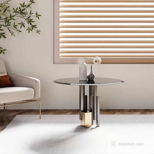 Modern Round Side Table With Marble Top And Metal Base By Sofa Near Window Blinds 3d model 