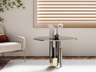 Modern Round Side Table With Marble Top And Metal Base By Sofa Near Window Blinds 3d model