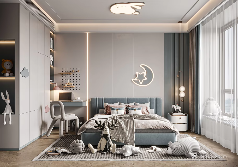 Cozy Kids Room Interior With Moon Wall Decor Rabbit Ceiling Light And Plush Toys 3d model 