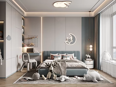 Cozy Kids Room Interior With Moon Wall Decor Rabbit Ceiling Light And Plush Toys 3d model