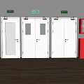 Fire Safety Equipment With White Fire Doors Green Emergency Exit Signs And Red Extinguisher Cabinets