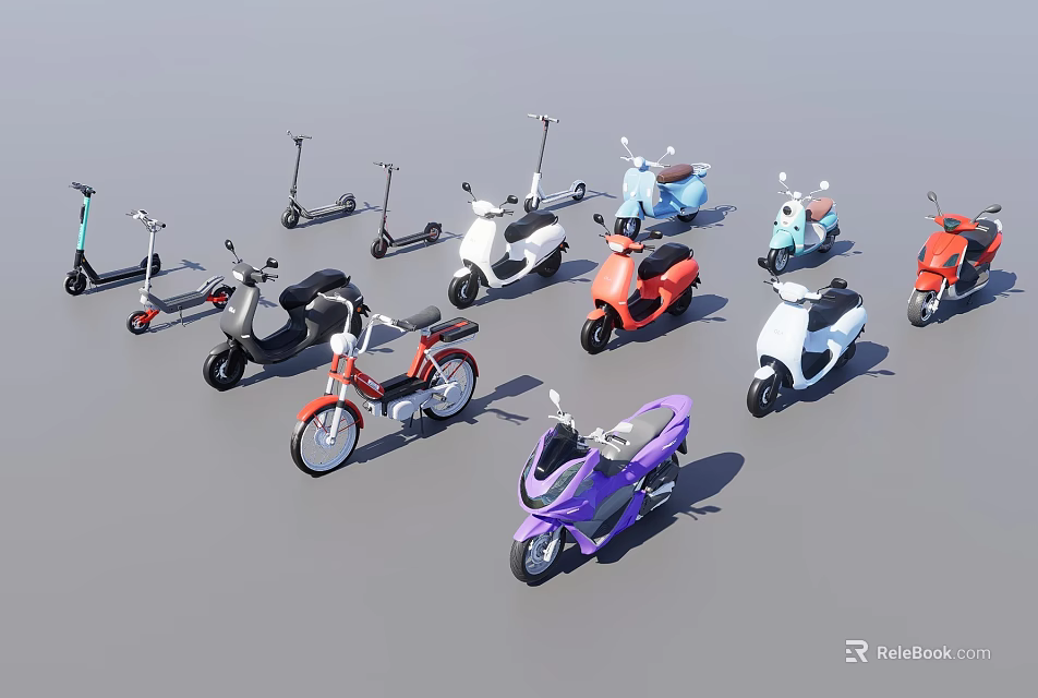 Various Colored Modern Scooter Motorcycles Collection With Different Design Styles 3d model 