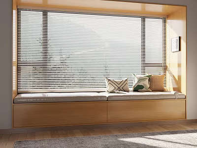Cozy Wooden Bay Window Interior With Decorative Cushions And Natural Light Blinds 3d model
