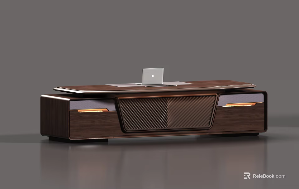 Modern Wooden Office Desk With Drawers Laptop And Sleek Storage Design 3d model 