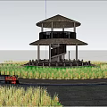 Scenic Garden Landscape With Thatched Pavilion Rice Field Mini Train And Distant Mountains