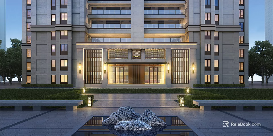 Grand Entrance Gate Of Modern Building With Lighting And Water Feature 3d model 