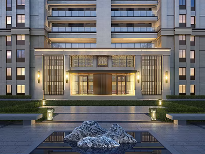 Grand Entrance Gate Of Modern Building With Lighting And Water Feature 3d model