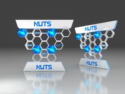 Modern Hexagonal Nuts Display Shelves with Blue Glowing Hexagon Elements 3d model