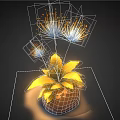 Vibrant Flower Plant With Yellow Leaves And White Dandelion-like Flowers In Brown Pot