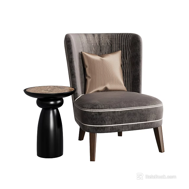 Stylish Gray Armchair Sofa with Pillow and Black Base Round Coffee Table Set 3d model 